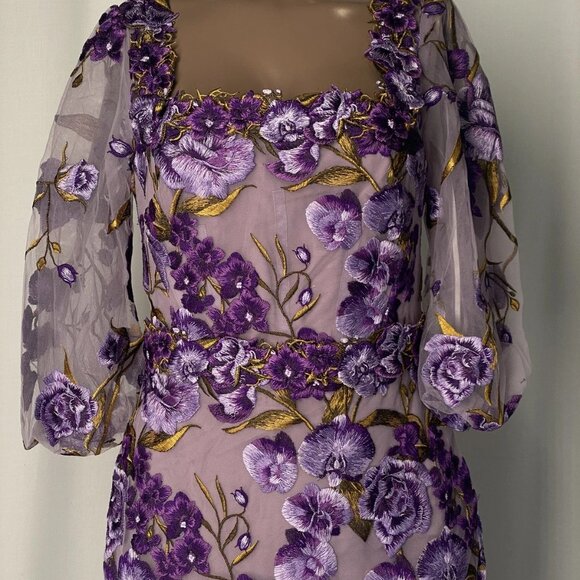 Marchesa Notte Women’s Orchid & Rose Embroidered Tulle Midi Dress Size 0 Purple - Picture 10 of 11